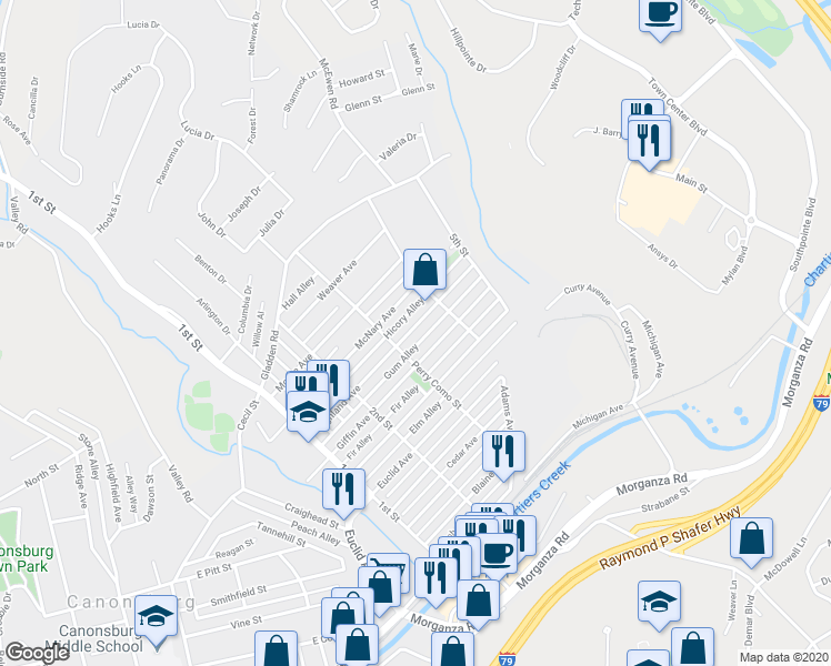 map of restaurants, bars, coffee shops, grocery stores, and more near 614 Highland Avenue in Canonsburg