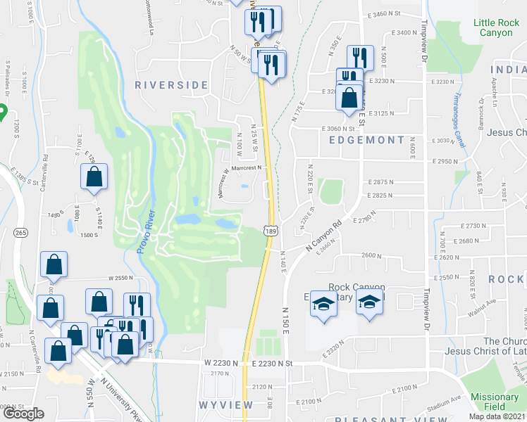 map of restaurants, bars, coffee shops, grocery stores, and more near 2749 North University Avenue in Provo