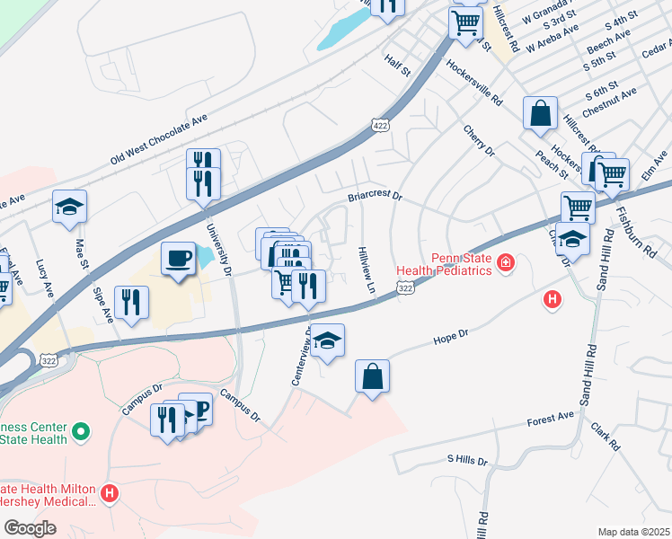 map of restaurants, bars, coffee shops, grocery stores, and more near 256 Crescent Drive in Hershey