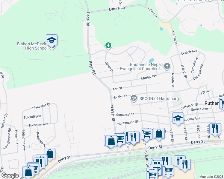 map of restaurants, bars, coffee shops, grocery stores, and more near 6103 Ann Street in Harrisburg