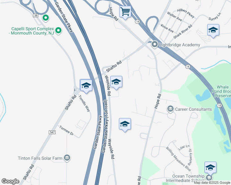 map of restaurants, bars, coffee shops, grocery stores, and more near 1158 Wayside Road in Tinton Falls