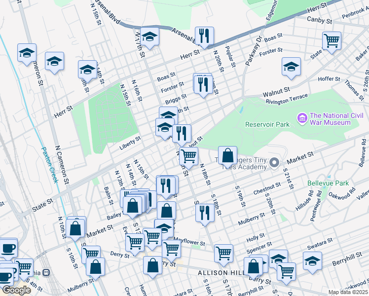 map of restaurants, bars, coffee shops, grocery stores, and more near 1712 Walnut Street in Harrisburg