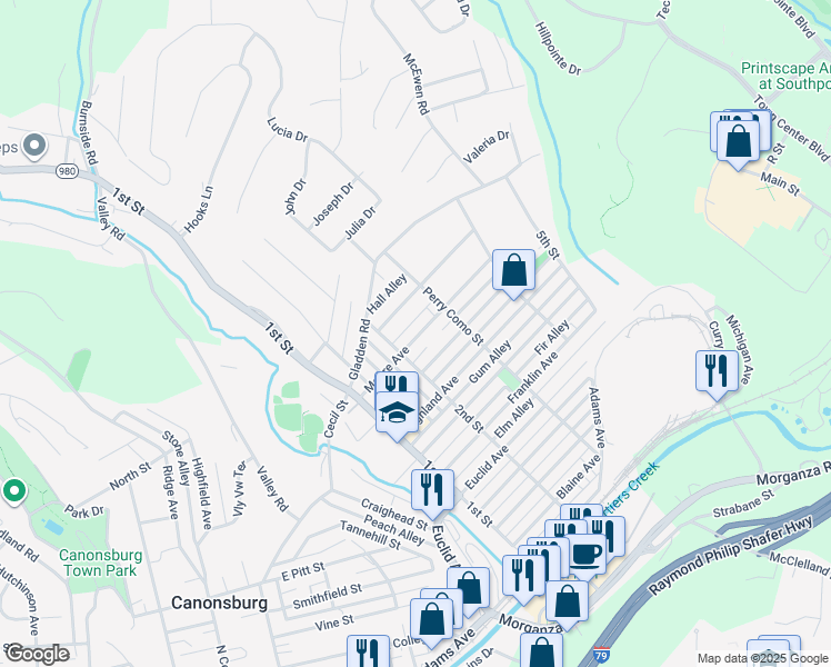 map of restaurants, bars, coffee shops, grocery stores, and more near 513 Moore Avenue in Canonsburg