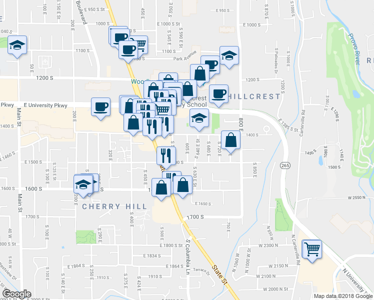 map of restaurants, bars, coffee shops, grocery stores, and more near 1462 605 east in Orem