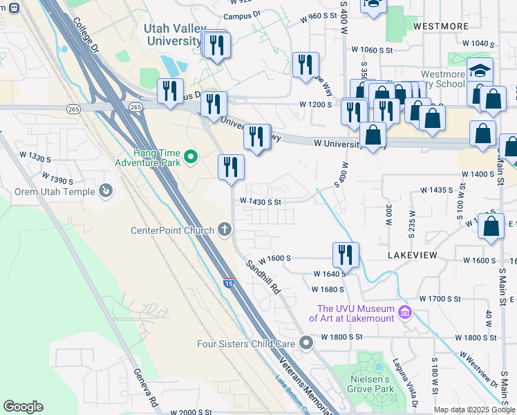 map of restaurants, bars, coffee shops, grocery stores, and more near 577 West 1430 South Street in Orem