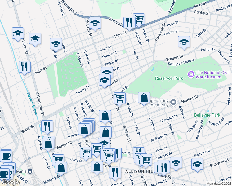 map of restaurants, bars, coffee shops, grocery stores, and more near 1712 Walnut Street in Harrisburg