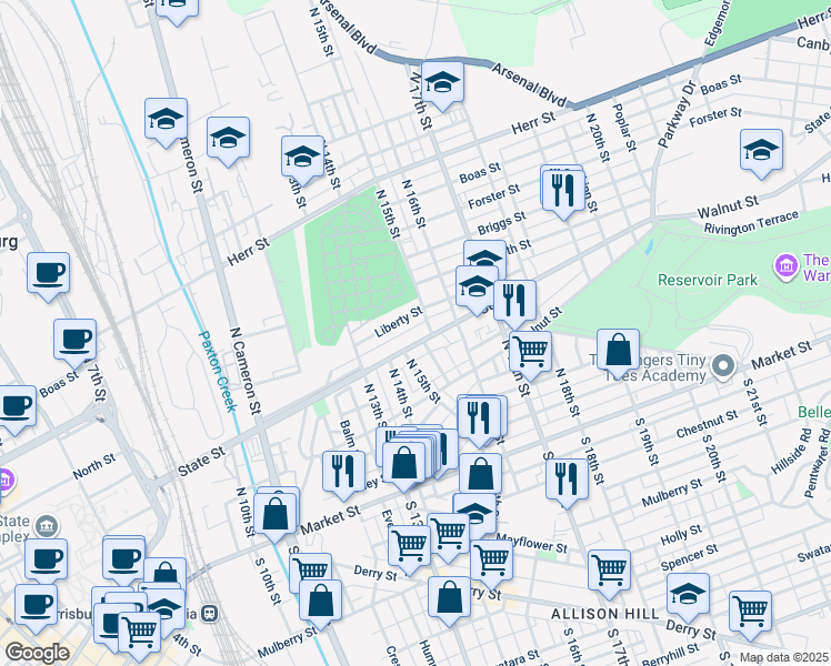 map of restaurants, bars, coffee shops, grocery stores, and more near in Harrisburg