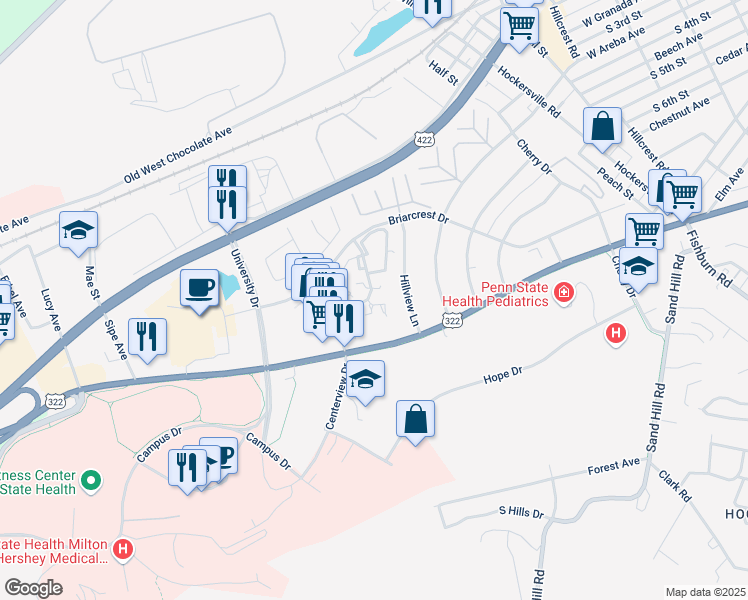 map of restaurants, bars, coffee shops, grocery stores, and more near 256 Crescent Drive in Hershey