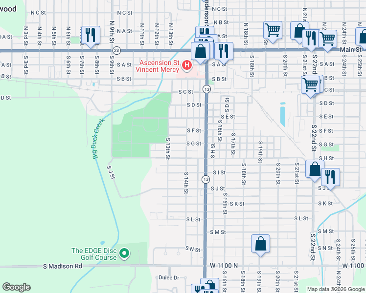 map of restaurants, bars, coffee shops, grocery stores, and more near 1401 South G Street in Elwood