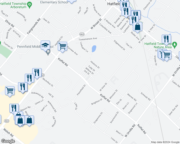 map of restaurants, bars, coffee shops, grocery stores, and more near 108 Willow Drive in Hatfield