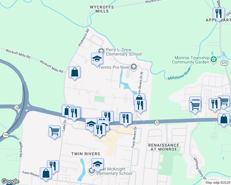 map of restaurants, bars, coffee shops, grocery stores, and more near 912 Jamestown Rd in East Windsor