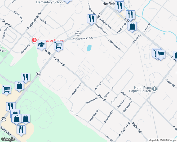 map of restaurants, bars, coffee shops, grocery stores, and more near 105 Willow Drive in Hatfield