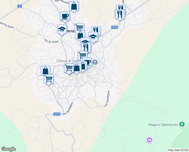 map of restaurants, bars, coffee shops, grocery stores, and more near 34 Via Nazario Sauro in Oliena