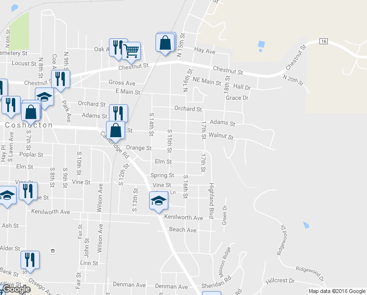map of restaurants, bars, coffee shops, grocery stores, and more near 445 South 16th Street in Coshocton