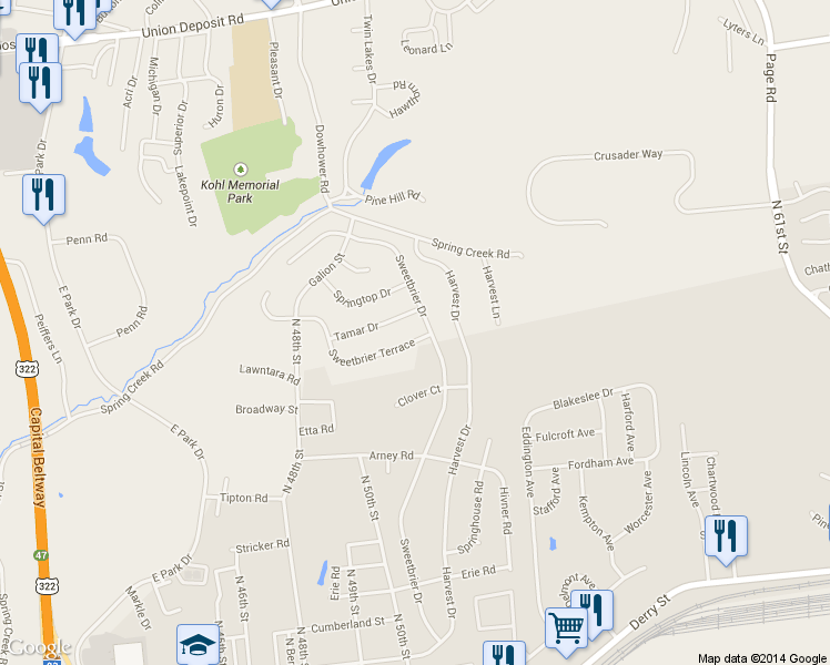 map of restaurants, bars, coffee shops, grocery stores, and more near 4842 Sweetbrier Terrace in Harrisburg