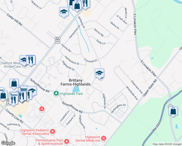 map of restaurants, bars, coffee shops, grocery stores, and more near 209 Dorset Way in Chalfont