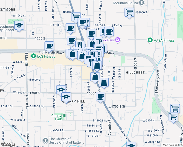 map of restaurants, bars, coffee shops, grocery stores, and more near 1448 State Street in Orem