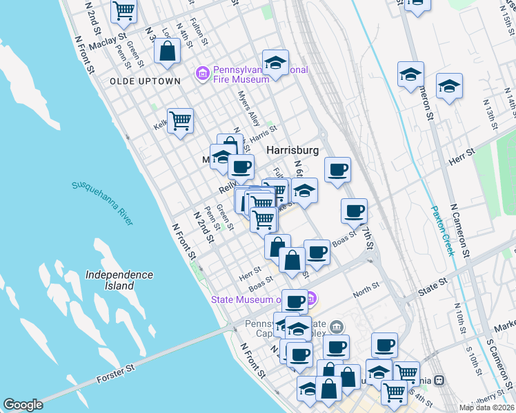 map of restaurants, bars, coffee shops, grocery stores, and more near 1316 William Street in Harrisburg