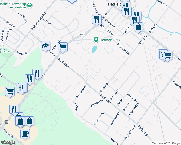 map of restaurants, bars, coffee shops, grocery stores, and more near 108 Willow Drive in Hatfield