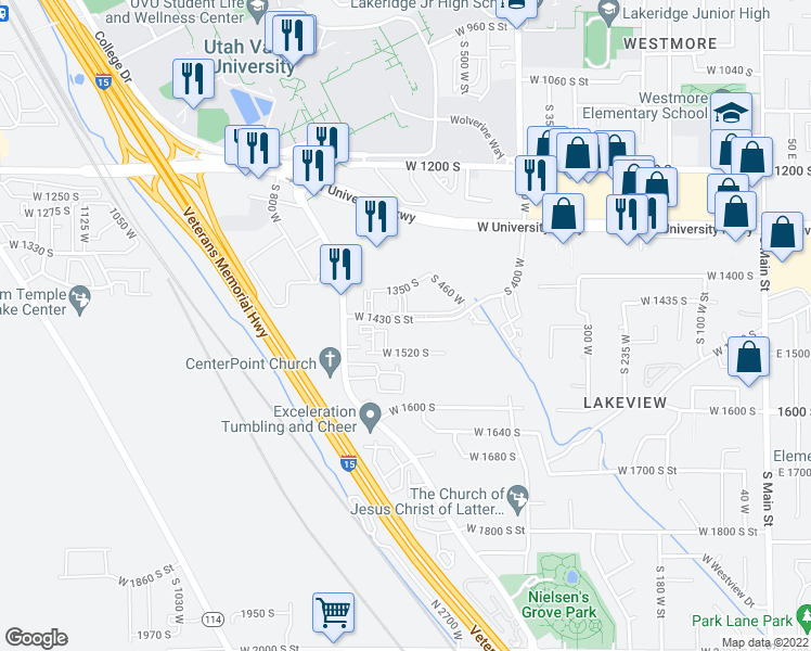 map of restaurants, bars, coffee shops, grocery stores, and more near 577 West 1430 South Street in Orem