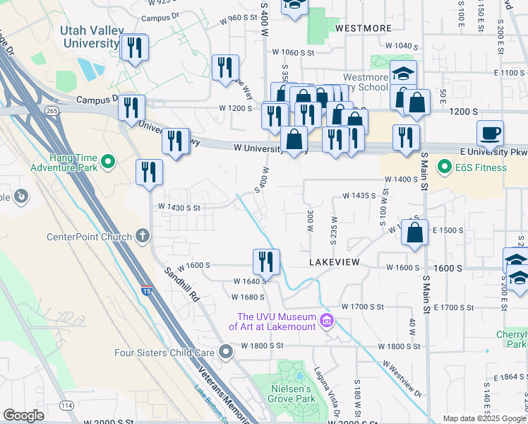 map of restaurants, bars, coffee shops, grocery stores, and more near 1527 South 430 West in Orem