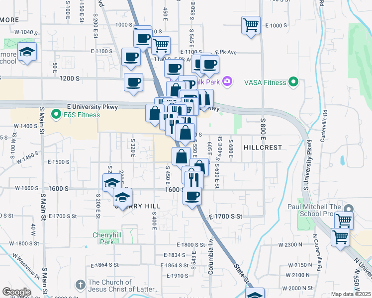 map of restaurants, bars, coffee shops, grocery stores, and more near 1455 South State Street in Orem