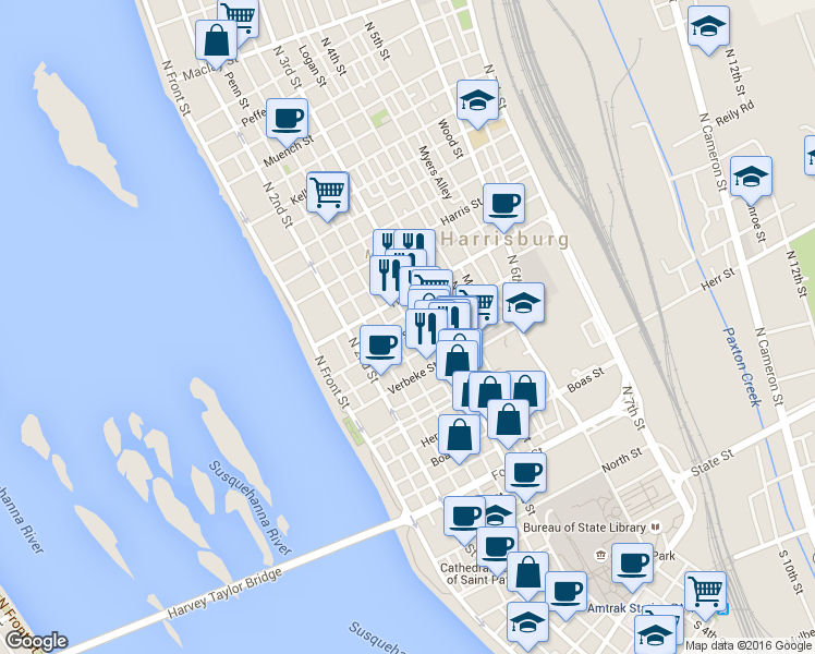 map of restaurants, bars, coffee shops, grocery stores, and more near 268 Calder Street in Harrisburg