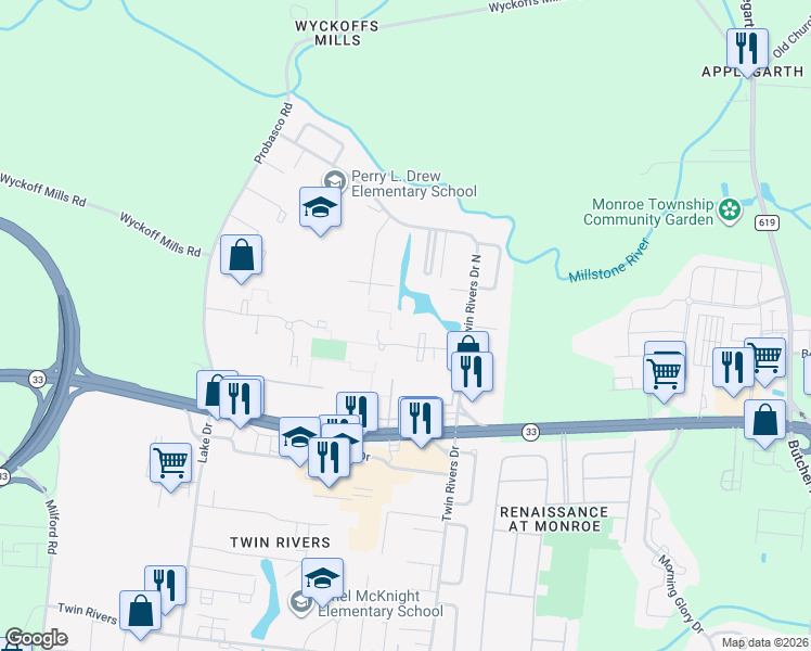 map of restaurants, bars, coffee shops, grocery stores, and more near 912 Jamestown Road in East Windsor