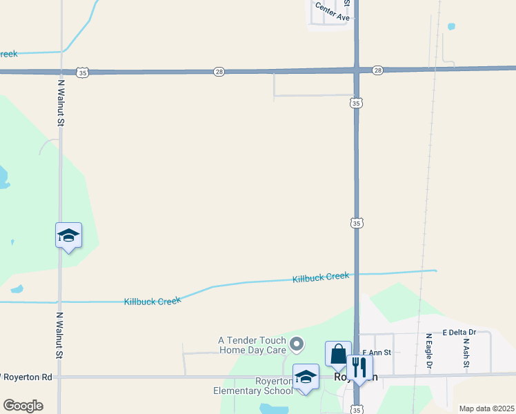 map of restaurants, bars, coffee shops, grocery stores, and more near 921 East State Road 28 in Muncie