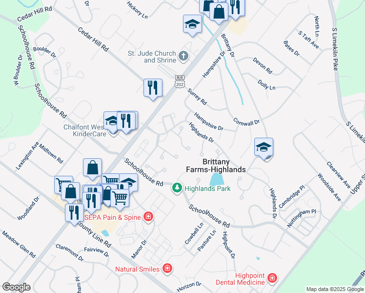 map of restaurants, bars, coffee shops, grocery stores, and more near 21 Edinboro Circle in Chalfont