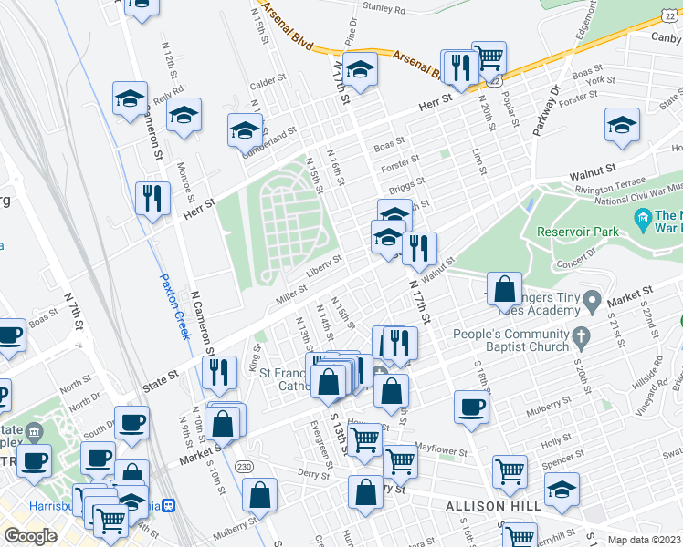 map of restaurants, bars, coffee shops, grocery stores, and more near 1420 State Street in Harrisburg