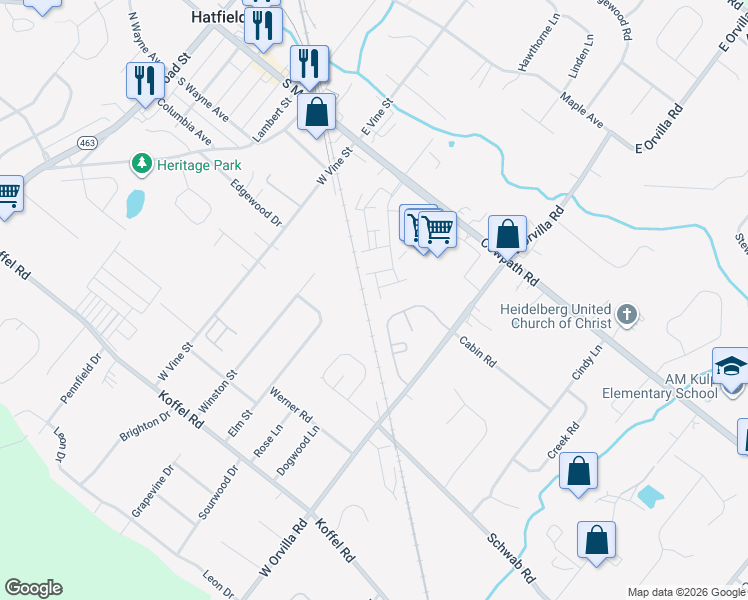 map of restaurants, bars, coffee shops, grocery stores, and more near 1527 Emily Court in Hatfield