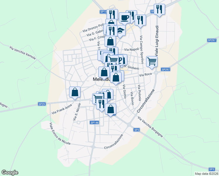 map of restaurants, bars, coffee shops, grocery stores, and more near Piazza Borgo San Antonio in Melendugno