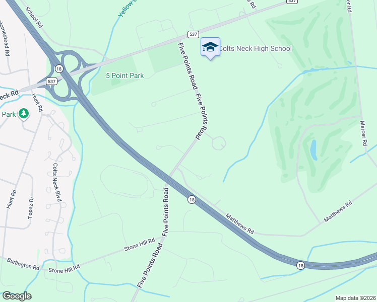 map of restaurants, bars, coffee shops, grocery stores, and more near 105 Five Points Road in Monmouth County