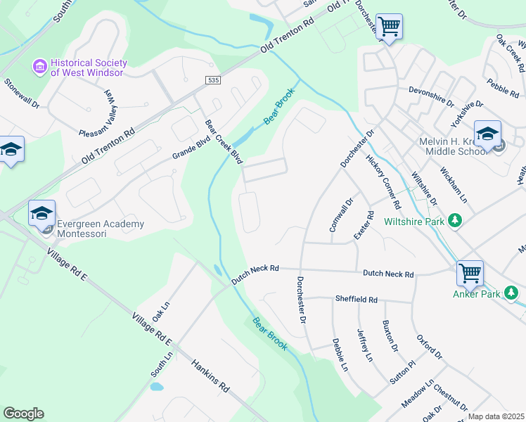 map of restaurants, bars, coffee shops, grocery stores, and more near 115 Tunicflower Lane in West Windsor Township