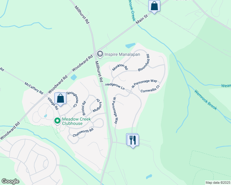 map of restaurants, bars, coffee shops, grocery stores, and more near 12 West Parsonage Way in Manalapan Township