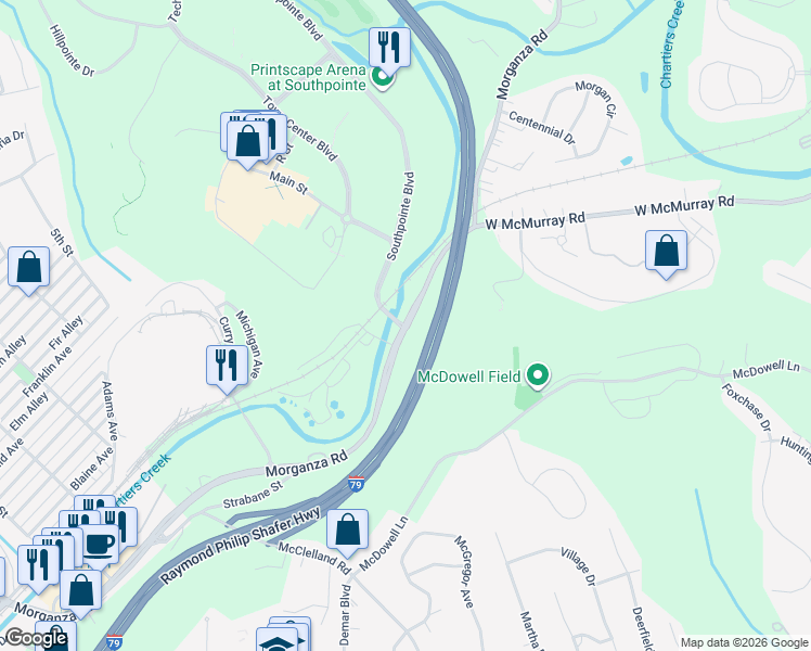 map of restaurants, bars, coffee shops, grocery stores, and more near 2 Southpointe Boulevard in Canonsburg