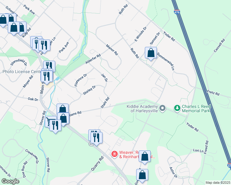map of restaurants, bars, coffee shops, grocery stores, and more near 264 Stahl Road in Harleysville