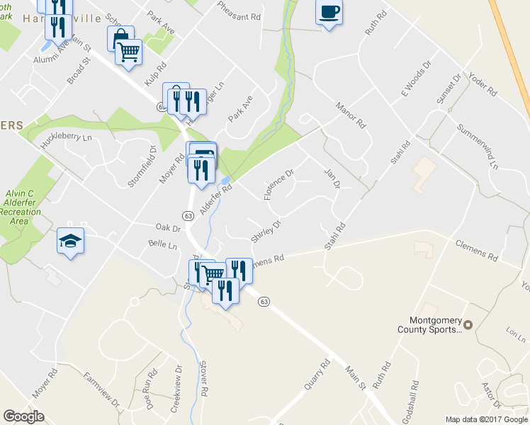 map of restaurants, bars, coffee shops, grocery stores, and more near 291 Florence Drive in Harleysville