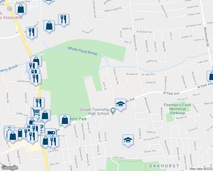 map of restaurants, bars, coffee shops, grocery stores, and more near 25 Arno Street in Monmouth County