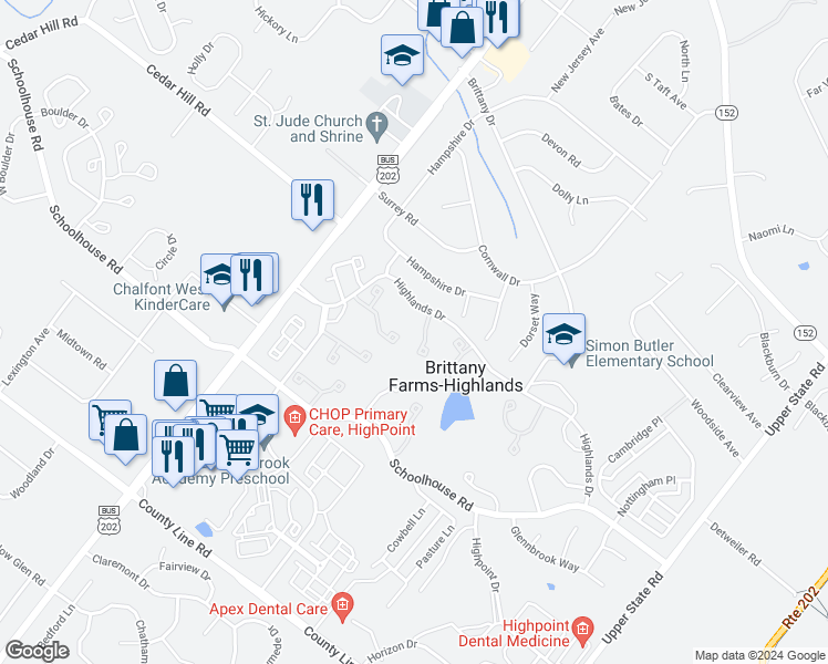 map of restaurants, bars, coffee shops, grocery stores, and more near 94 Palace Court in Chalfont