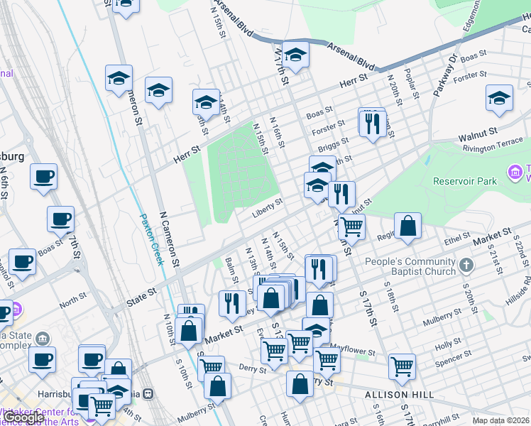 map of restaurants, bars, coffee shops, grocery stores, and more near 1355 Liberty Street in Harrisburg