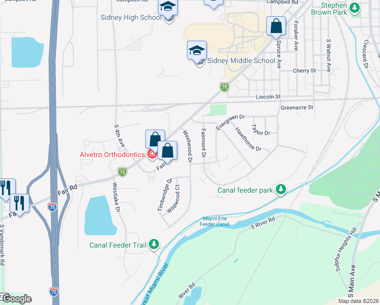 map of restaurants, bars, coffee shops, grocery stores, and more near 1519 Westwood Dr in Sidney