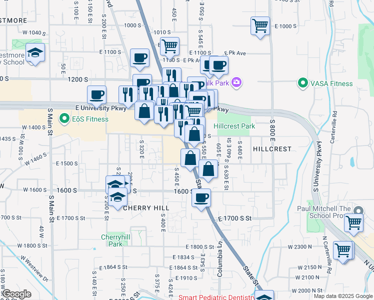 map of restaurants, bars, coffee shops, grocery stores, and more near 1448 State Street in Orem