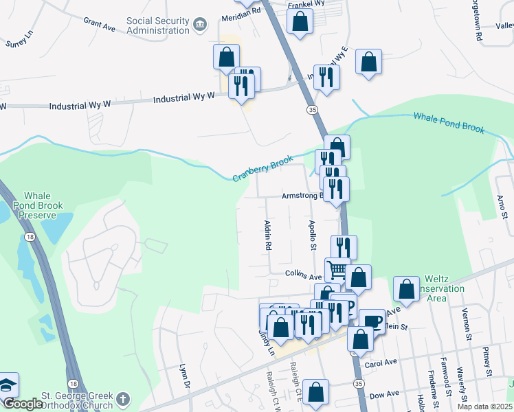map of restaurants, bars, coffee shops, grocery stores, and more near 2152 Aldrin Road in Monmouth County