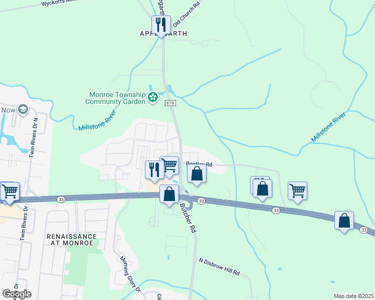 map of restaurants, bars, coffee shops, grocery stores, and more near 105 Matutina Road in Monroe Township