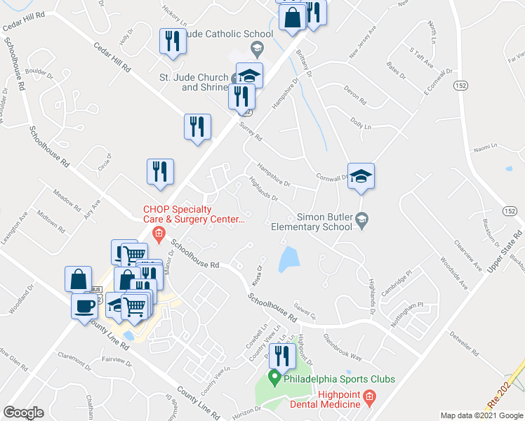 map of restaurants, bars, coffee shops, grocery stores, and more near 94 Palace Court in Chalfont