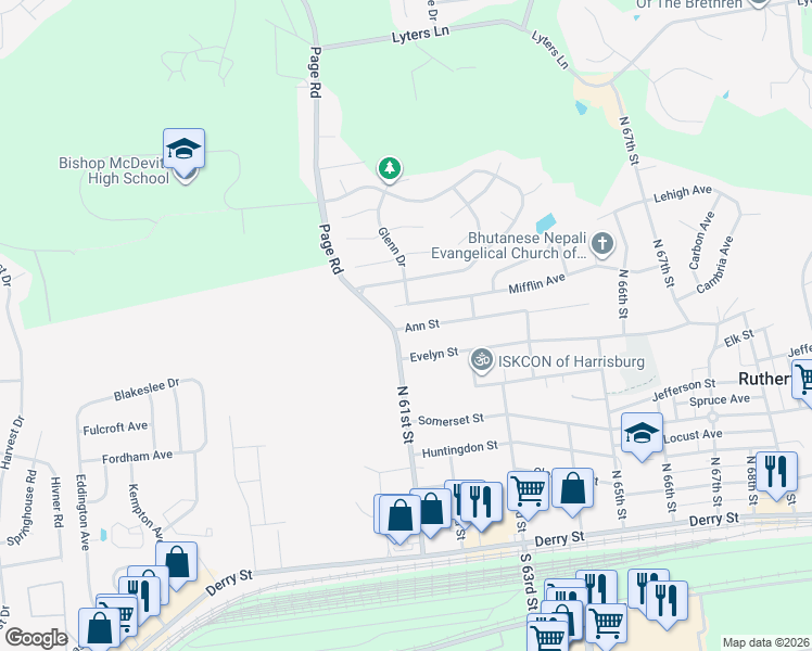 map of restaurants, bars, coffee shops, grocery stores, and more near 6100 Ann Street in Harrisburg
