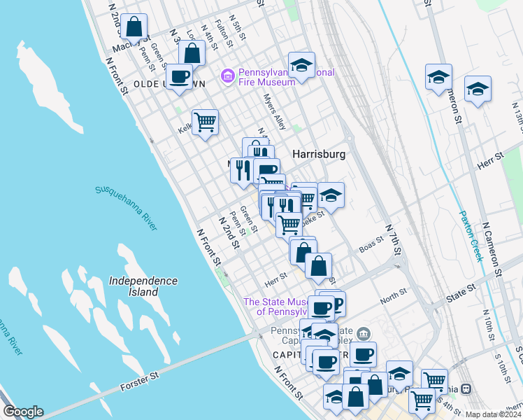 map of restaurants, bars, coffee shops, grocery stores, and more near 1327 Susquehanna Street in Harrisburg