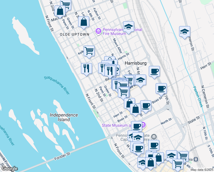map of restaurants, bars, coffee shops, grocery stores, and more near 1416 Green Street in Harrisburg